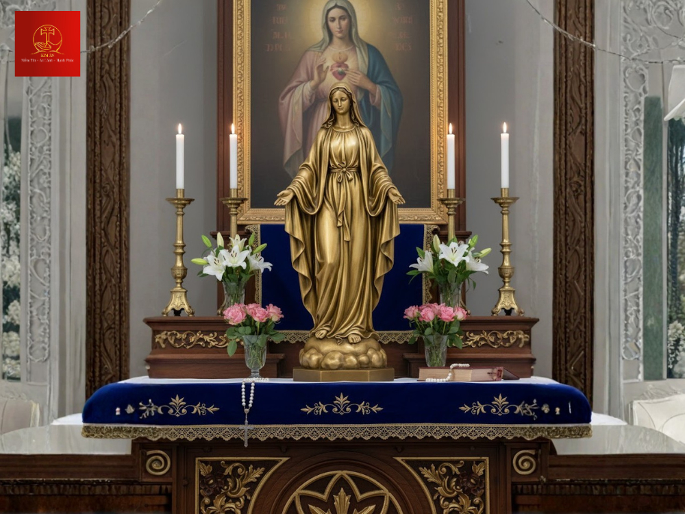 Mẫu bàn thờ Đức Mẹ với tượng đồng, bố trí nến hai bên cân đối, tôn lên vẻ linh thiêng và trang nghiêm.