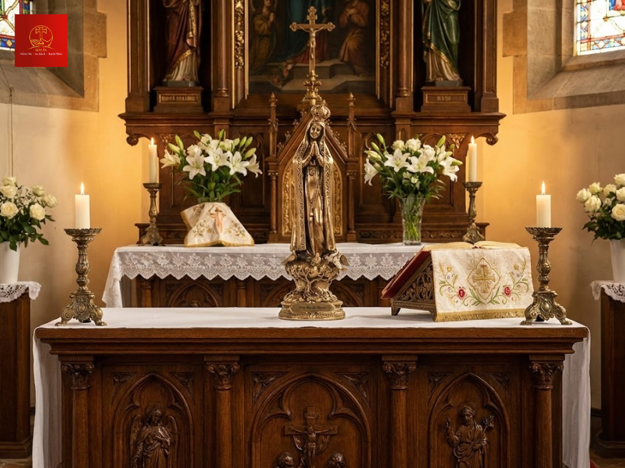 Mẫu bàn thờ Đức Mẹ truyền thống, thiết kế hài hòa, tôn vinh vẻ đẹp hiền từ và thánh thiện của tượng Đức Mẹ