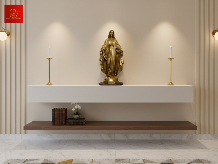Mẫu bàn thờ Đức Mẹ tối giản cho căn hộ hiện đại, sử dụng tượng Đức Mẹ Maria Ban Ơn cao 40cm