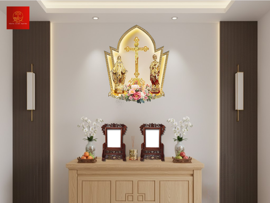 Mẫu bàn thờ gia tiên của người Công giáo thiết kế tối giản, màu sắc tươi sáng, là sự lựa chọn hoàn hảo cho những căn hộ hiện đại