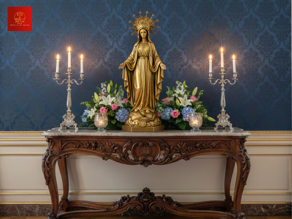 Bàn thờ Đức Mẹ với tượng đồng tinh xảo, kết hợp hoa tươi và nến hai bên, mang đến cảm giác ấm áp và trang nghiêm