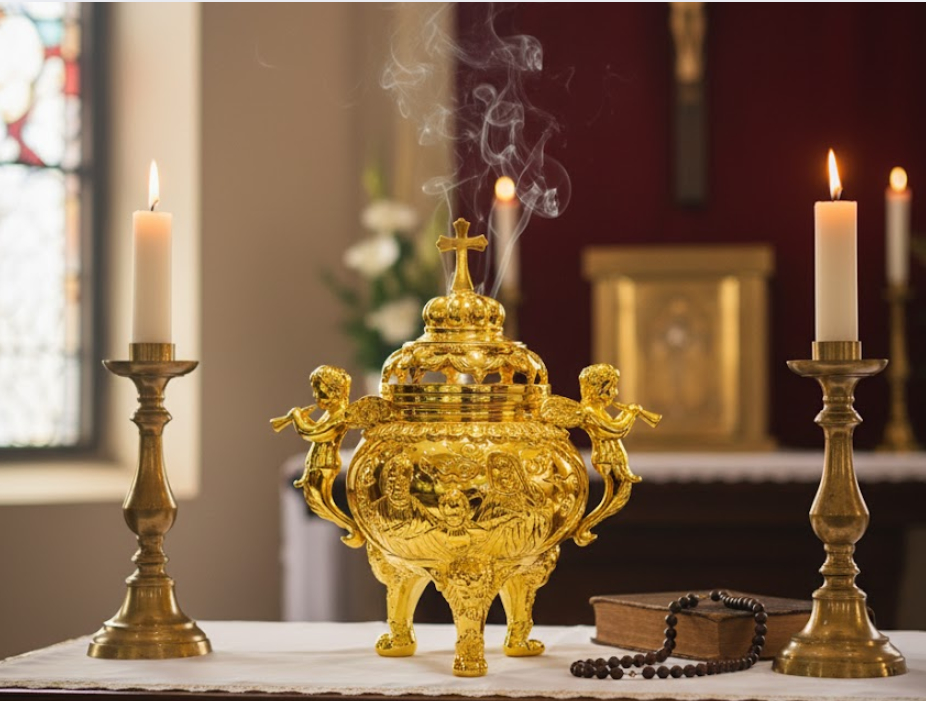 Lư đốt trầm bằng đồng mẫu tròn màu vàng gold cao 19cm