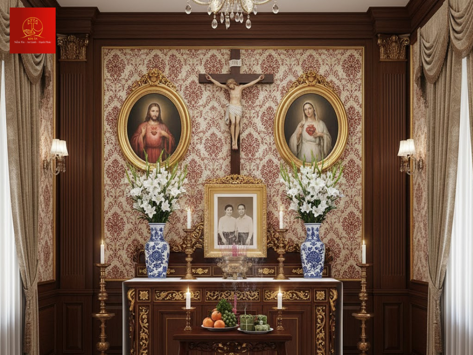 Mẫu bàn thờ Công giáo và tổ tiên phong cách cổ điển với các chi tiết tinh xảo
