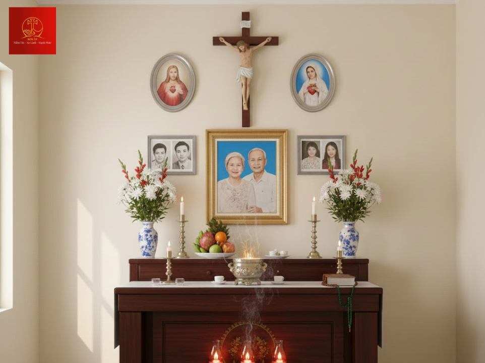 Mẫu bàn thờ tổ tiên Công giáo với cách bài trí đơn giản, trang nhã