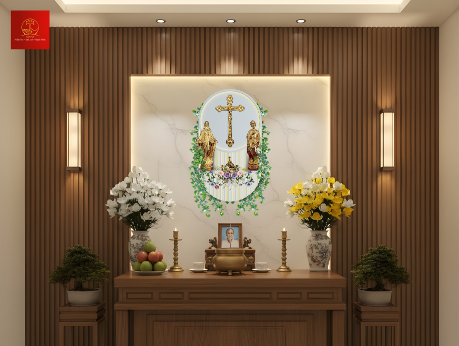 Mẫu bàn thờ gia tiên Công Giáo tông màu ấm áp, tạo cảm giác yên bình, ấm cúng, phù hợp với không gian gia đình