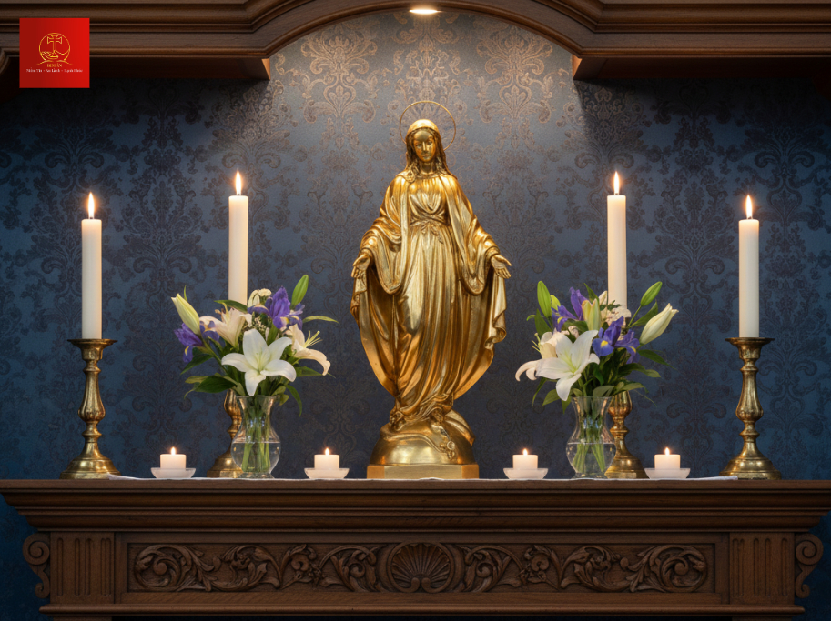 Bàn thờ Đức Mẹ nổi bật với tượng màu vàng gold sang trọng