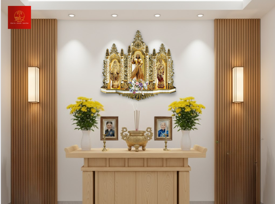 Mẫu bàn thờ gia tiên Công Giáo tông màu vàng nhạt hiện đại, sang trọng, tạo nên không gian thờ đầy tính thẩm mỹ