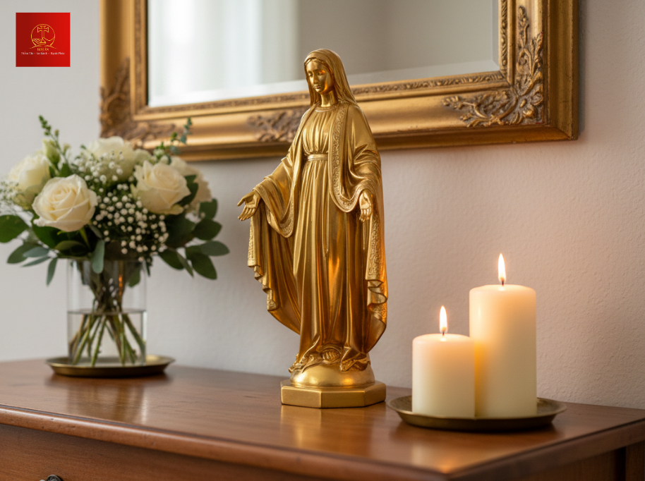 Bàn thờ Đức Mẹ nổi bật với tượng màu vàng gold sang trọng