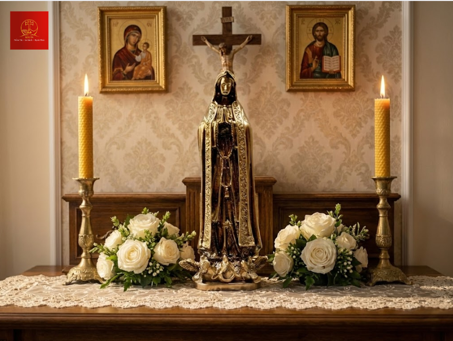 Bàn thờ với tượng Đức Mẹ Fatima màu cổ điển