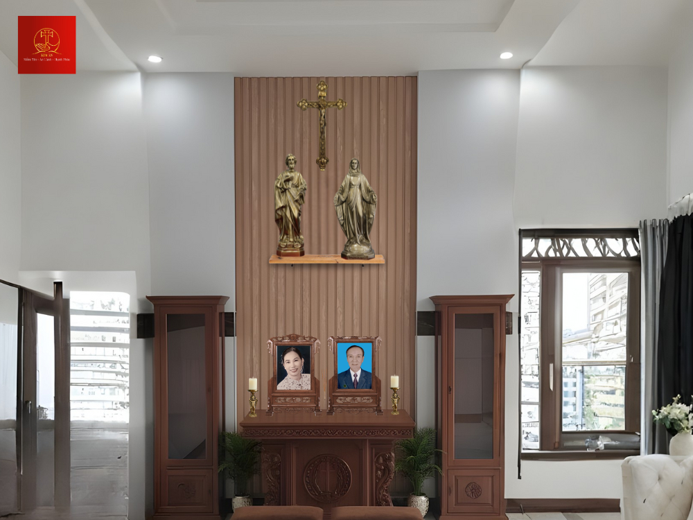 Mẫu bàn thờ gia tiên Công Giáo có hoa văn tỉ mỉ, tinh xảo, thích hợp với các không gian lớn như biệt thự