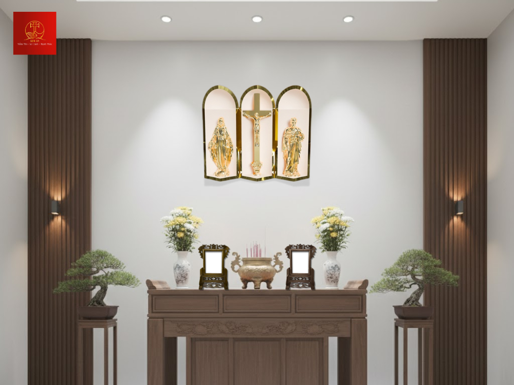 Mẫu bàn thờ gia tiên Công Giáo tối giản và gọn gàng