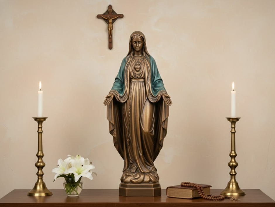 Bàn thờ với tượng Đức Mẹ Maria bằng đồng phối màu trang nhã kết hợp các vật phẩm thờ tự truyền thống