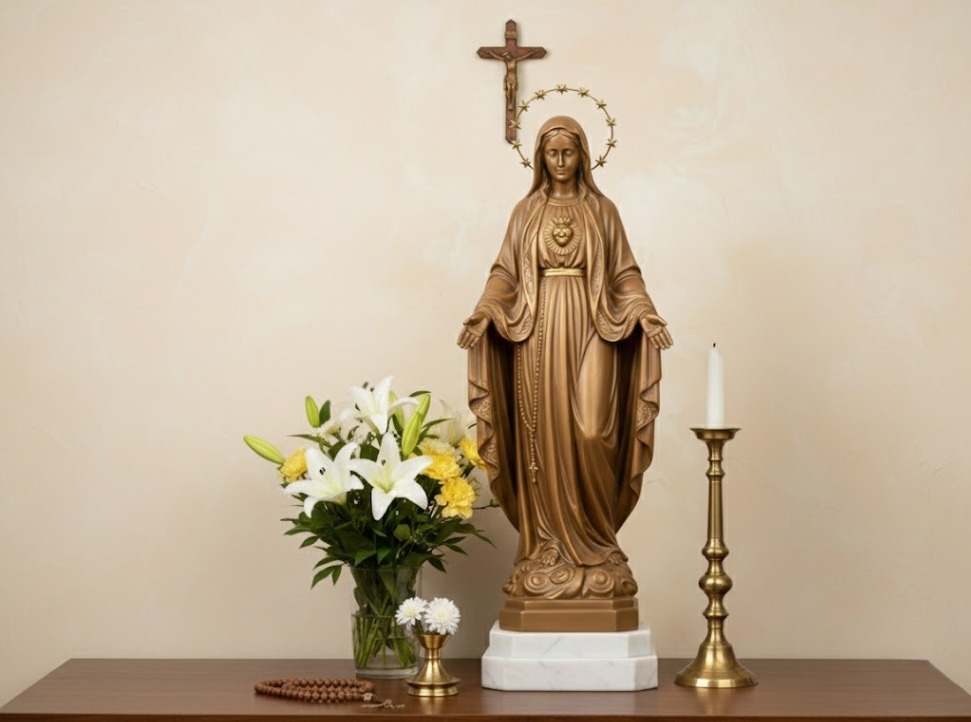 Bàn thờ Đức Mẹ tối giản nhưng vẫn đầy đủ hoa tươi