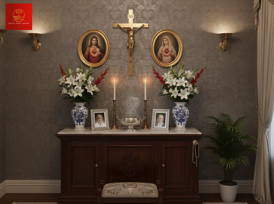 Mẫu bàn thờ gia tiên Công Giáo cho phòng thờ kín đáo, giúp gia đình có không gian cầu nguyện yên tĩnh, thanh tịnh