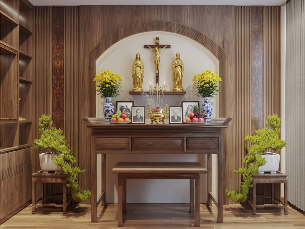 Mẫu bàn thờ gia tiên của người Công giáo cho phòng thờ riêng, mang đến không gian thờ nhẹ nhàng nhưng không kém phần tôn kính