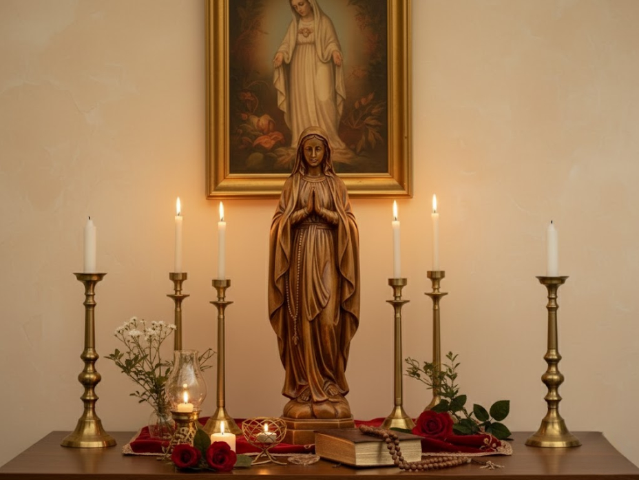 Cách bài trí đơn giản nhưng trang nghiêm, làm nổi bật vẻ đẹp thiêng liêng của tượng Đức Mẹ