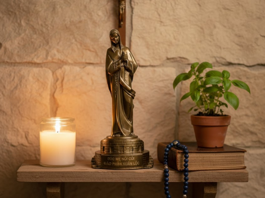 Tượng Đức Mẹ Núi Cúi bằng đồng màu cổ điển MNC-060714-D được chế tác sắc nét, thể hiện được thần thái hiền từ của Mẹ 