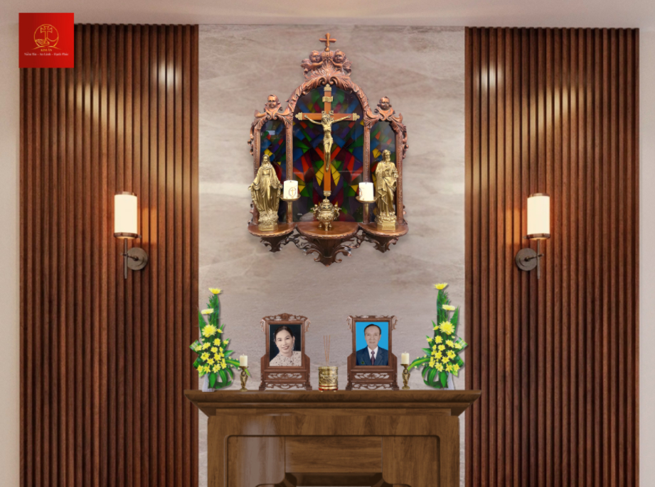 Mẫu bàn thờ gia tiên Công Giáo với thiết kế cổ điển, sử dụng gỗ tự nhiên, mang đến vẻ trang trọng cho không gian thờ cúng