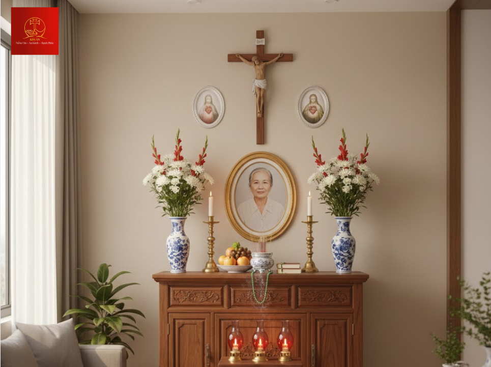 Mẫu bàn thờ ông bà Công giáo hiện đại, tối giản, phù hợp với những gia đình yêu thích sự mới mẻ trong không gian thờ phượng