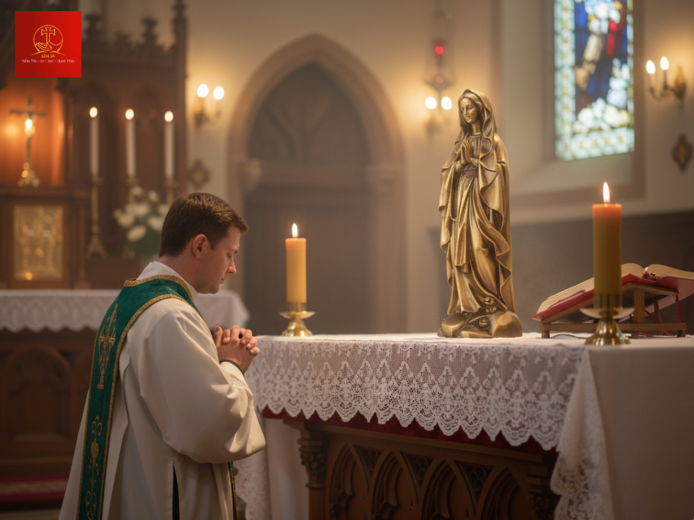 Bài trí Tượng Mẹ Lộ Đức trên bàn thờ Công giáo chuẩn mực và trang nghiêm.