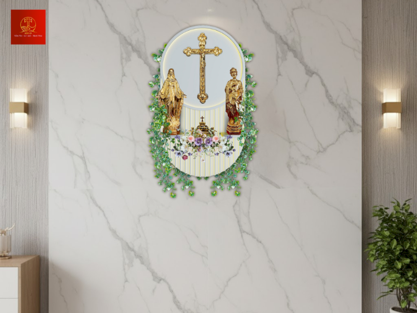 Bàn thờ Công giáo có cụm hoa trang trí trong phòng khách hiện đại tối giản