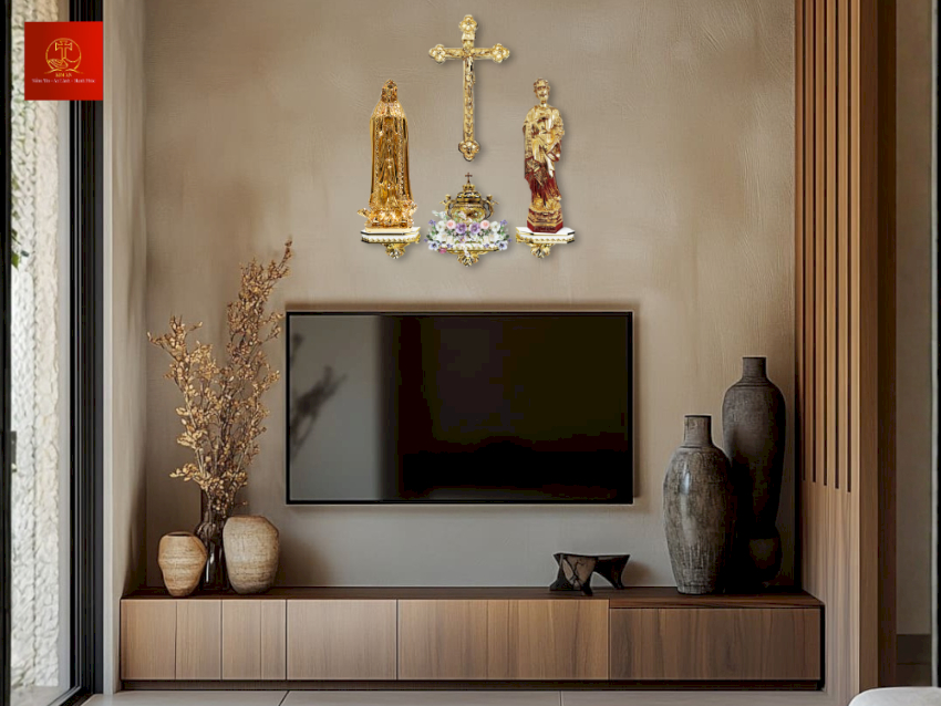 Bàn thờ Công giáo được bố trí trên ba kệ treo tường riêng