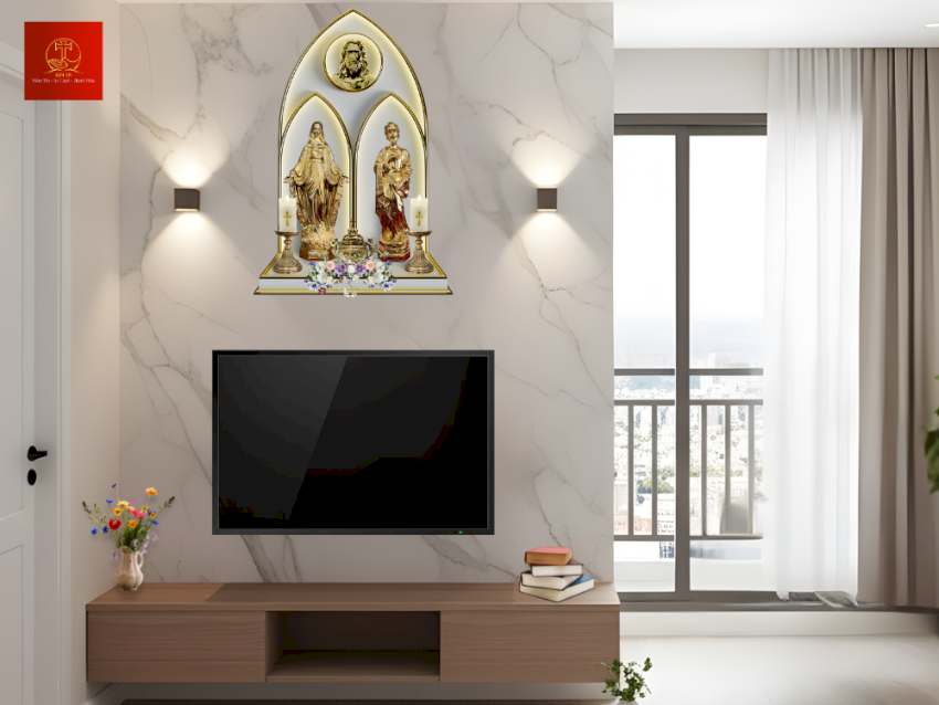 Bàn thờ Công giáo gồm tượng Đức Mẹ và tượng Thánh Giuse đặt trong cung vòm LED