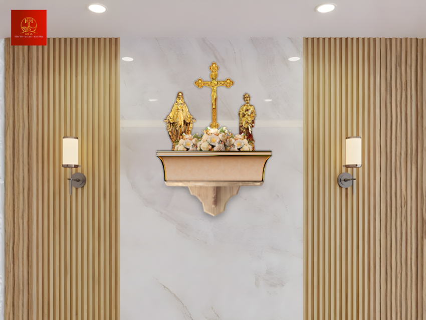 Bàn thờ Công giáo SFU-No.09 gồm Thánh Giá, tượng Đức Mẹ, tượng Thánh Giuse