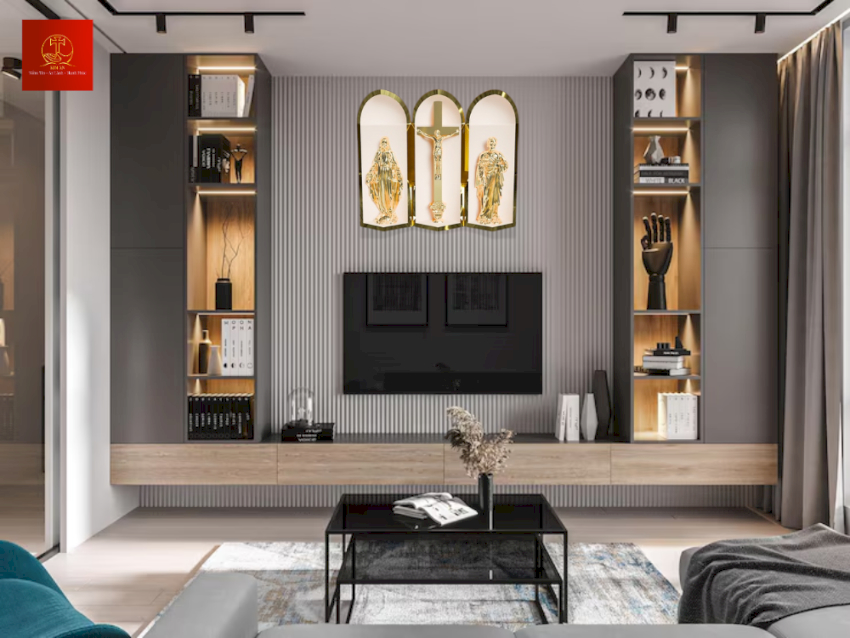 Bàn thờ Công Giáo SFU-No.10 chất liệu Inox PVD Gold, thiết kế vòm gọn gàng