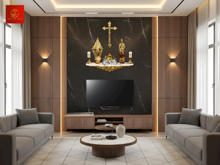 Bàn thờ Công giáo trong phòng khách hiện đại tông trầm