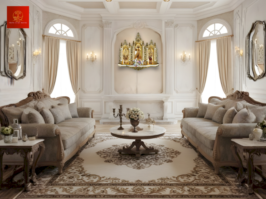 Bàn thờ Công giáo với bộ hậu cung nhiều mái chạm trong phòng khách cổ điển Châu Âu