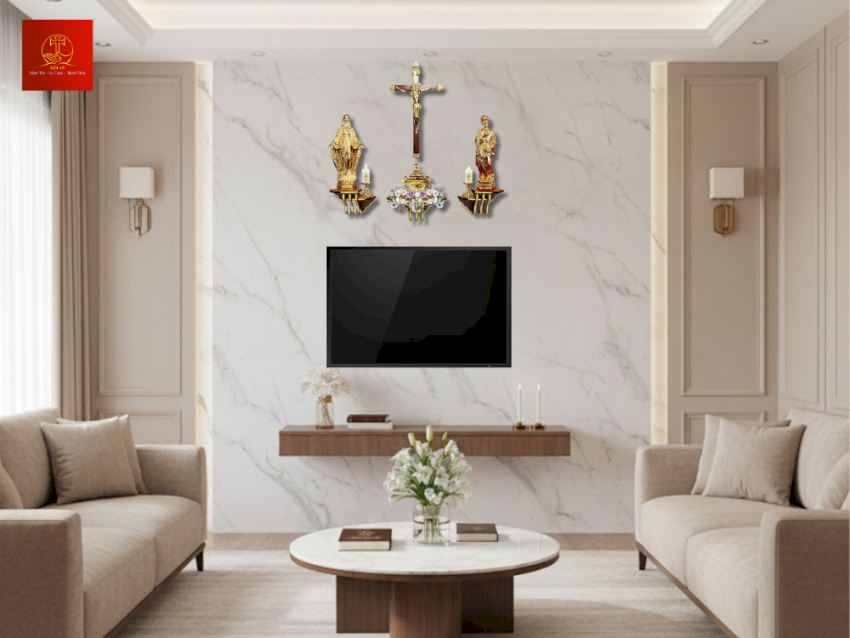 Bàn thờ Công giáo với kệ gỗ viền kim loại trong phòng khách hiện đại