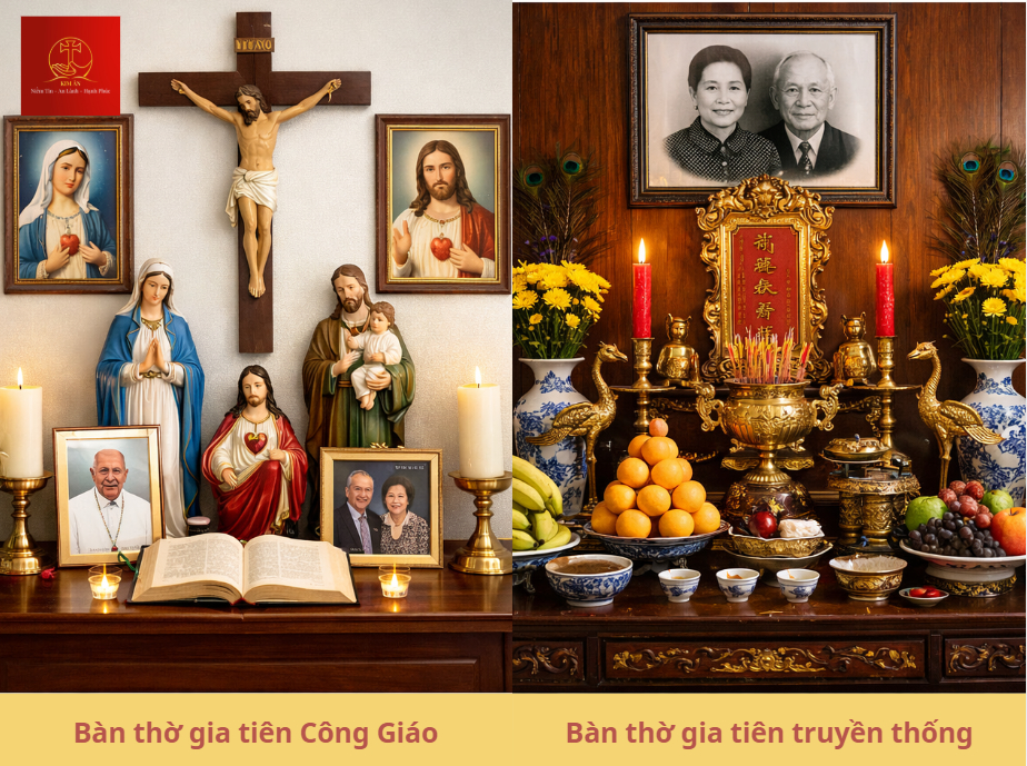 Bàn thờ gia tiên Công giáo cũng mang ý nghĩa tưởng nhớ tổ tiên nhưng không thờ cúng mà chỉ tôn kính
