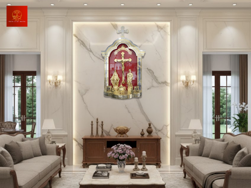 Bộ bàn thờ Công giáo với thiết kế vòm đỏ trong phòng khách tân cổ điển