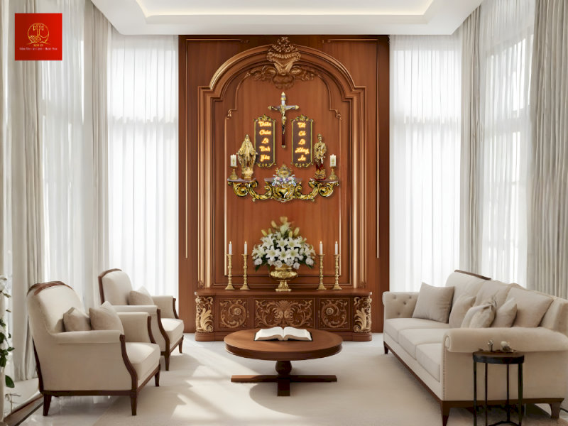 Vách gỗ CNC kết hợp kệ thờ màu gỗ hoặc trắng kem tạo nền trang nhã, tôn điểm nhấn ấm cúng của bàn thờ Công giáo SFU-No.01.