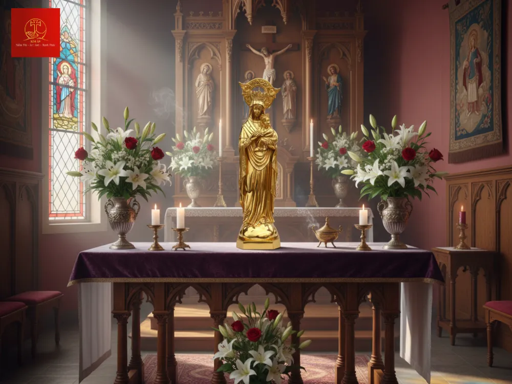 Đức Mẹ bế Chúa Giêsu giữa các Thiên thần cầm công cụ khổ nạn.