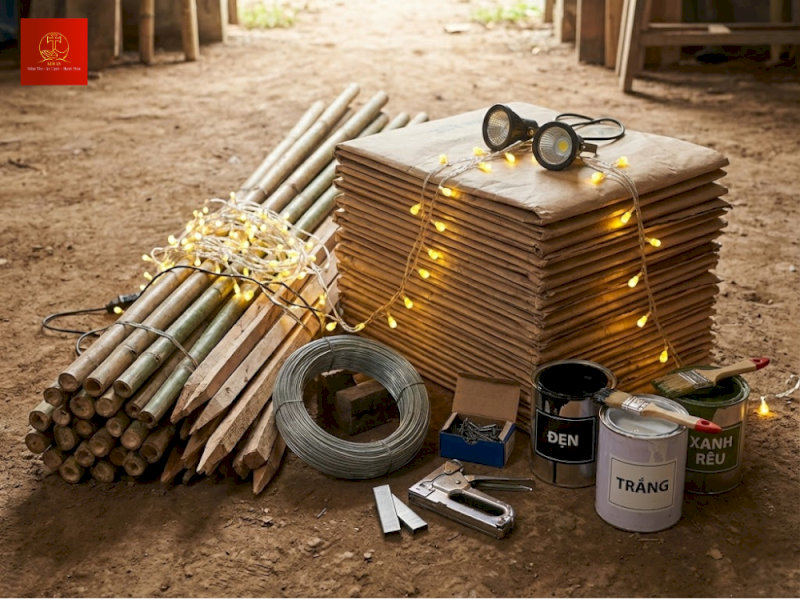 Các nguyên liệu cần chuẩn bị để làm hang đá Noel bằng vỏ bao xi măng.