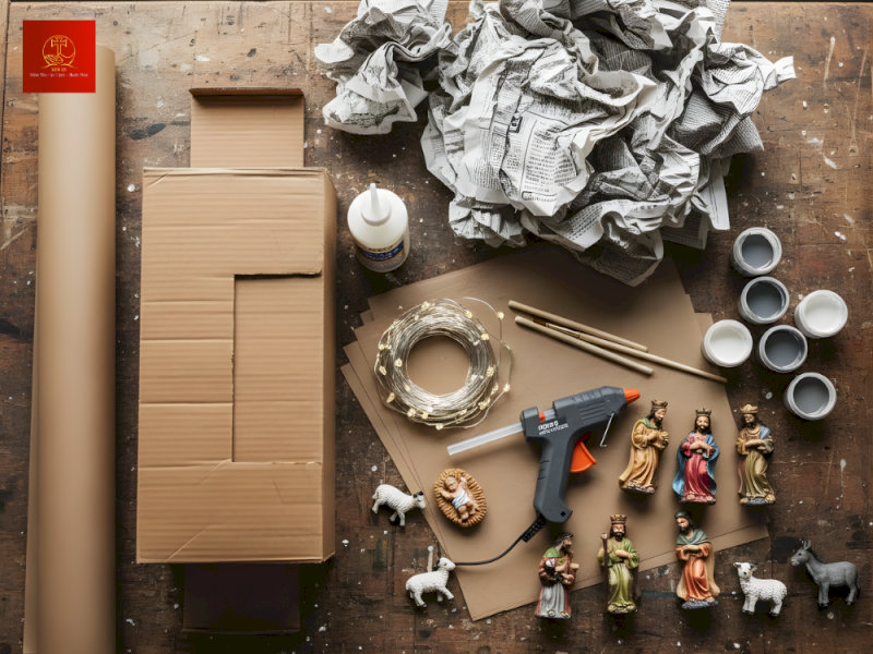 Chuẩn bị nguyên liệu để làm hang đá Noel bằng thùng carton.