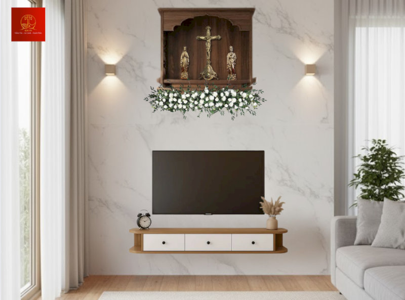 Mẫu cắm hoa bàn thờ Chúa dáng ngang mộc mạc