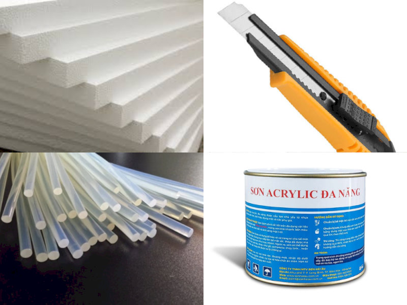 Chuẩn bị nguyên liệu để làm hang đá Noel bằng xốp.