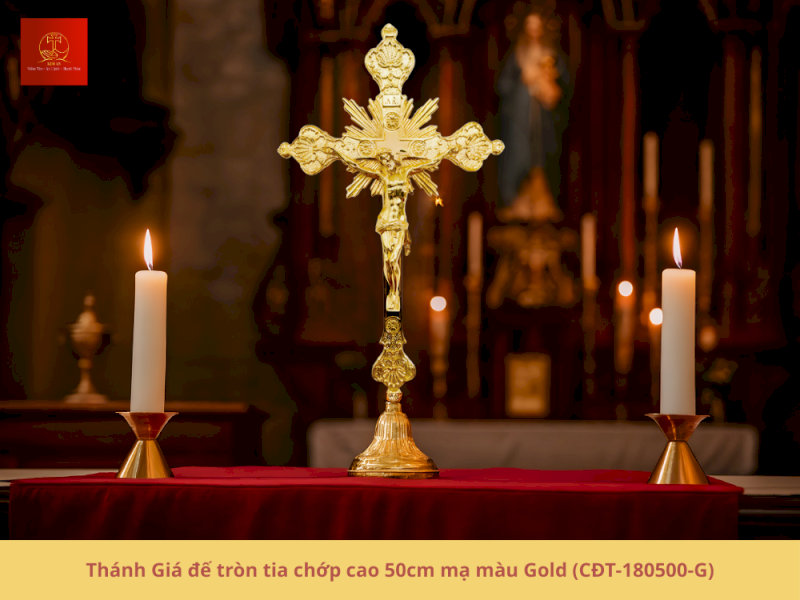 Thánh Giá đế tròn tia chớp cao 50cm mạ màu gold