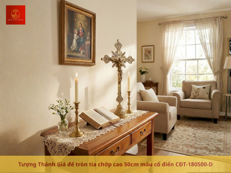 Tượng Thánh Giá đế tròn tia chớp cao 50cm màu cổ điển