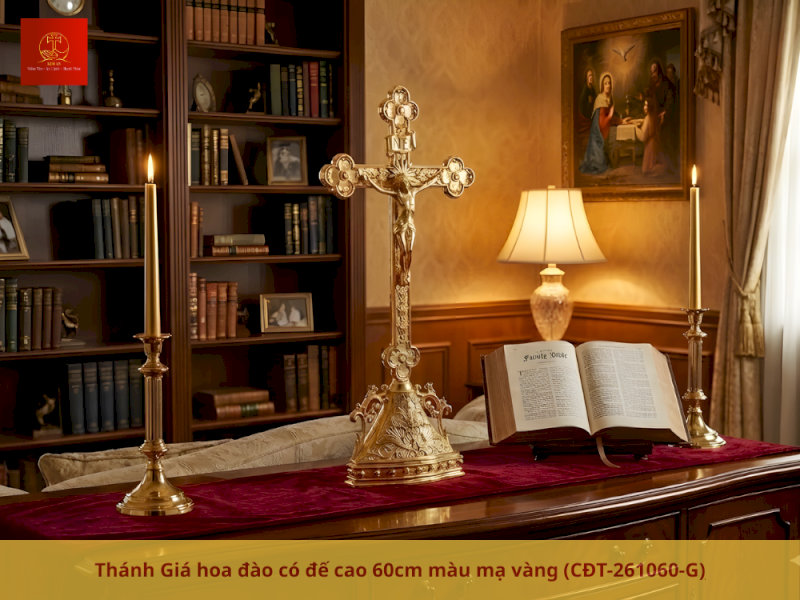 Thánh Giá hoa đào có đế cao 60cm màu mạ vàng