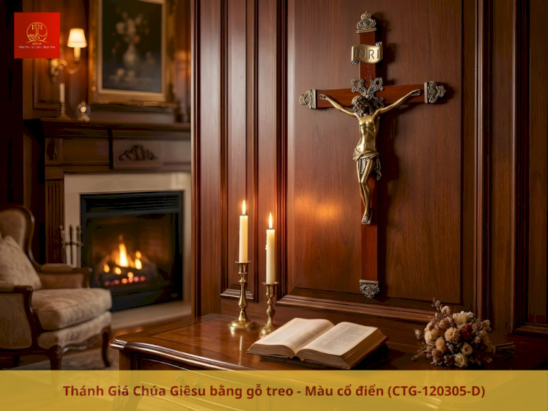 Thánh Giá Chúa Giêsu bằng gỗ treo - Màu Cổ Điển