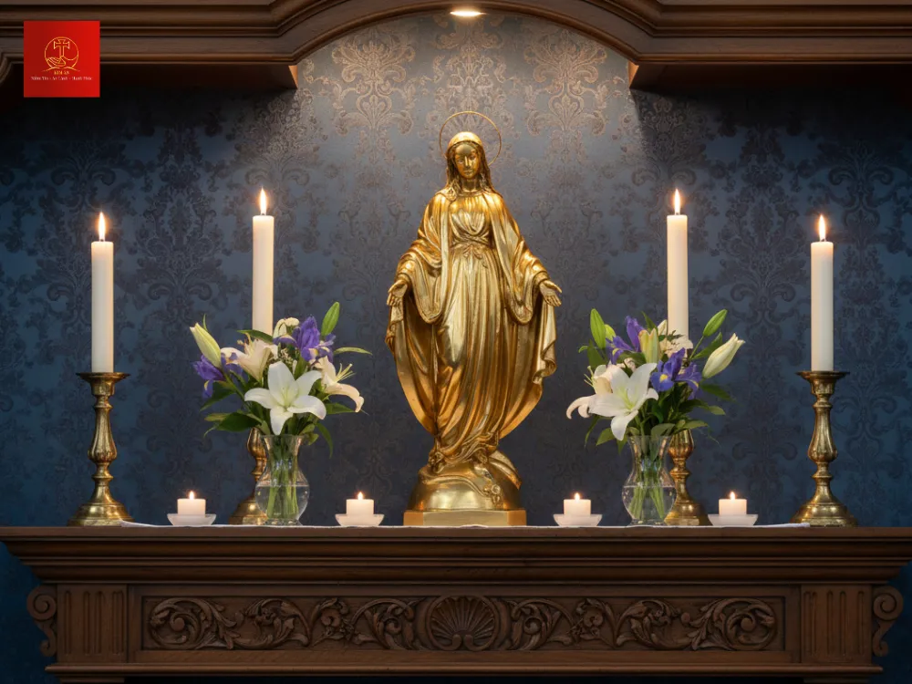 Mẹ Ban Ơn đứng trên quả địa cầu