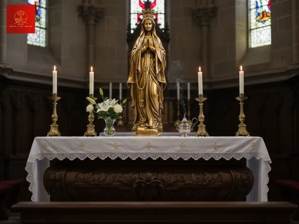 Mẹ Lộ Đức với đóa hồng vàng tượng trưng đặc ân Vô Nhiễm.