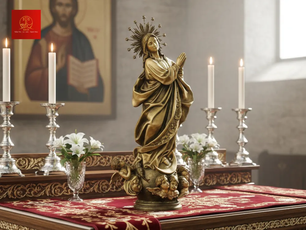 Mẹ Maria hướng mắt về trời tôn vinh mầu nhiệm lên trời.