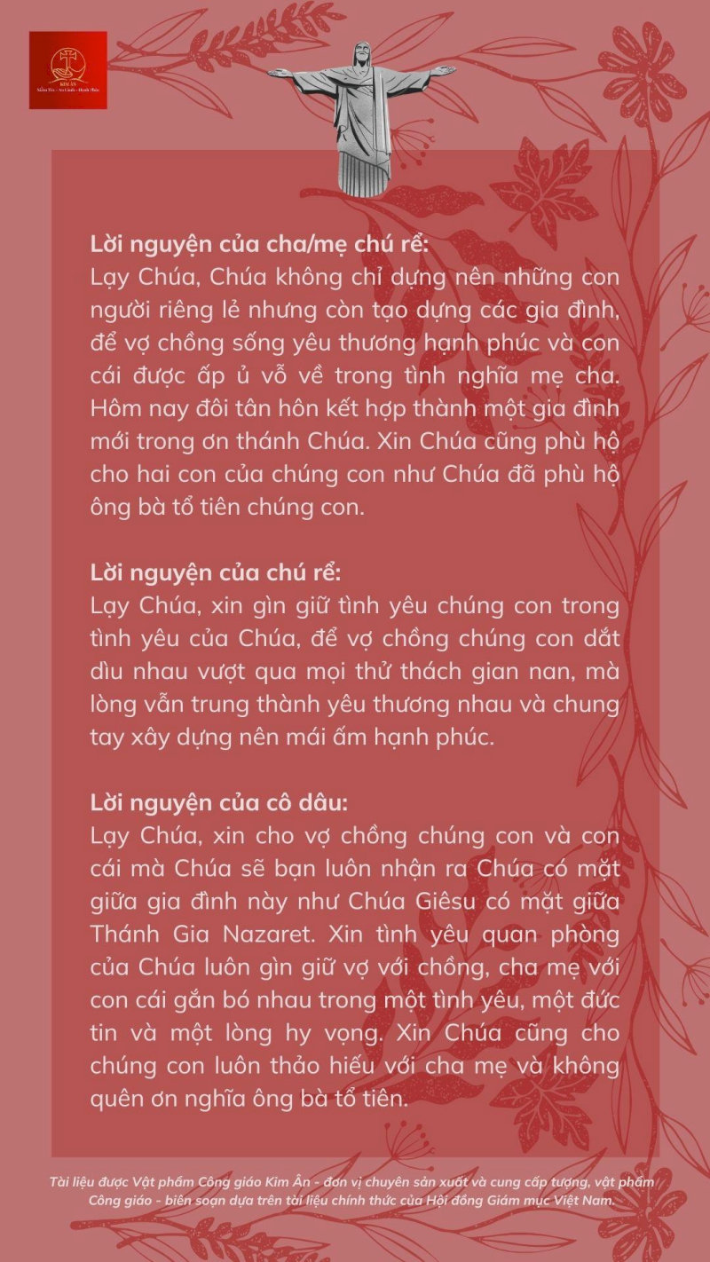 Lời nguyện cho cô dâu, chú rể và cha mẹ trước bàn thờ Chúa tại nhà trai