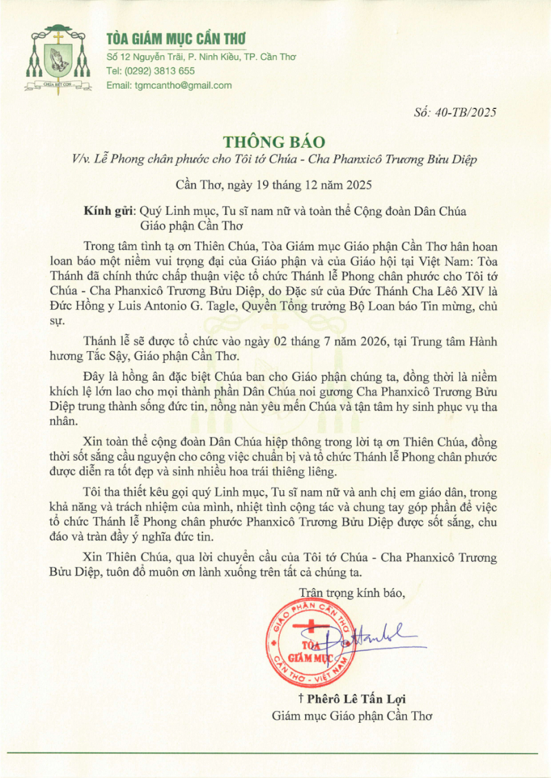 Thông báo: Lễ Phong chân phước cho Tôi tớ Chúa