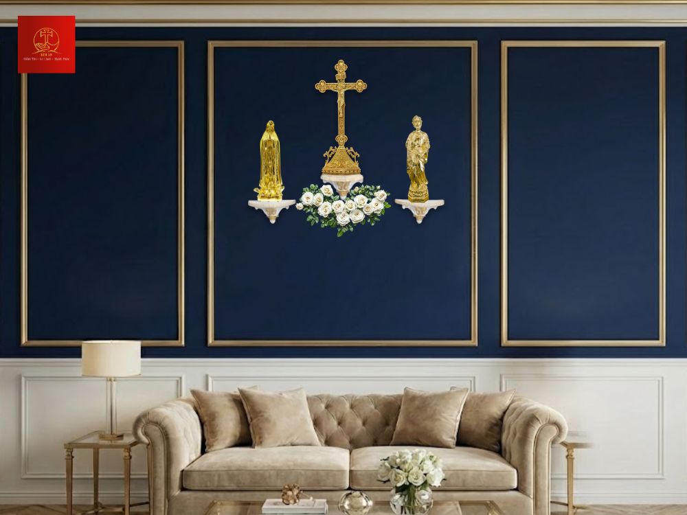 Tượng Đức Mẹ Fatima cao 20cm kết hợp với Thánh Giá hoa đào